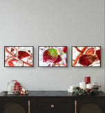Winter Iced Red Leaves Authentic Macro Photography | Unframed Canvas Horizontal 3 Prints Set | Biophilic Style Wall Art Decor