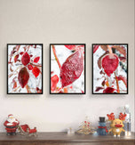 Winter Icy Red Leaves Authentic Macro Nature Photography | Unframed Canvas Vertical Print Set of 3 | Biophilic Wall Art Home Decor | Holiday Gift