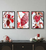 Winter Icy Red Leaves Authentic Macro Nature Photography | Unframed Canvas Vertical Print Set of 3 | Biophilic Wall Art Home Decor | Holiday Gift