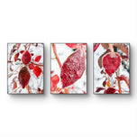 Winter Icy Red Leaves Authentic Macro Nature Photography | Unframed Canvas Vertical Print Set of 3 | Biophilic Wall Art Home Decor | Holiday Gift
