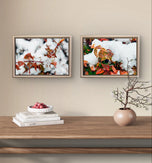 Winter Snowy Foliage Macro Photography 4 Print Set | Unframed Canvas Wall Art | Biophilic Horizontal Vertical Mixed Decor