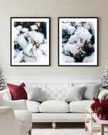 Winter Snowy Foliage Authentic Macro Photography | Unframed Canvas Vertical 3 Prints Set | Biophilic Style Wall Art Decor