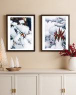 Winter Snowy Foliage Authentic Macro Photography | Unframed Canvas Vertical 3 Prints Set | Biophilic Style Wall Art Decor
