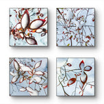 Winter Snowy Red Leaves Authentic Macro Photography | Canvas Wall Art Set of 4 | Biophilic Vertical & Horizontal Prints | Holiday Gift