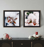 Winter Snowy Red Foliage Canvas Print Set of 4 | Authentic Macro Photography | Unstretched Square Wall Art Biophilic Decor