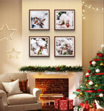 Winter Snowy Red Foliage Canvas Print Set of 4 | Authentic Macro Photography | Unstretched Square Wall Art Biophilic Decor