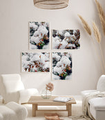 Winter Snowy Red Leaves Authentic Macro Photography | Unstretched Canvas Wall Art Set of 4 | Biophilic Vertical & Horizontal Prints | Holiday Gift