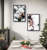 Winter Snowy Red Leaves Authentic Macro Photography | Unstretched Canvas Wall Art Set of 4 | Biophilic Vertical & Horizontal Prints | Holiday Gift