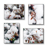 Winter Snowy Red Leaves Authentic Macro Photography | Unstretched Canvas Wall Art Set of 4 | Biophilic Vertical & Horizontal Prints | Holiday Gift