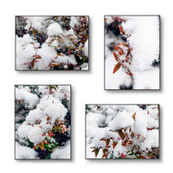 Winter Snowy Red Leaves Authentic Macro Photography | Unstretched Canvas Wall Art Set of 4 | Biophilic Vertical & Horizontal Prints | Holiday Gift