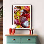 Winter Snowy Red Leaves Canvas Print Set | Macro Photography Wall Art | 3 Piece