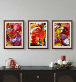 Winter Snowy Red Leaves Canvas Print Set | Macro Photography Wall Art | 3 Piece