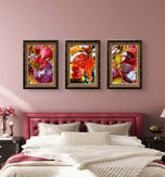 Winter Snowy Red Leaves Canvas Print Set | Macro Photography Wall Art | 3 Piece