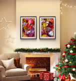 Winter Snowy Red Leaves Canvas Print Set | Macro Photography Wall Art | 3 Piece