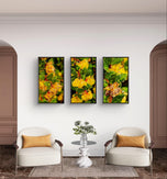 Yellow Flowers with Raindrops Photography | Set of 3 Vertical Unframed Canvas Prints | Nature Wall Art for Home & Office