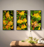 Yellow Flowers with Raindrops Photography | Set of 3 Vertical Unframed Canvas Prints | Nature Wall Art for Home & Office