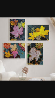 Autumn Rainy Vibrant Leaves Botanical Wall Art - Authentic Closeup Photography Unframed Canvas Prints Set of 4 - Biophilic Home & Office Decor