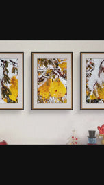 Winter Snowy Orange Leaves Authentic Macro Photography | Unframed Canvas Vertical Print Set of 3 | Biophilic Style Wall Art Decor | Holiday Gift