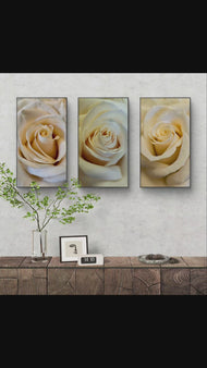 Pale Yellow Roses Canvas Wall Art Set of 3 | Unframed Vertical Photography Prints | Biophilic Home Office Decor