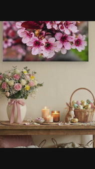 Pink Cherry Blossom Gallery Wrapped Canvas Wall Art | Horizontal Macro Flower Photography Print | Ready to Hang