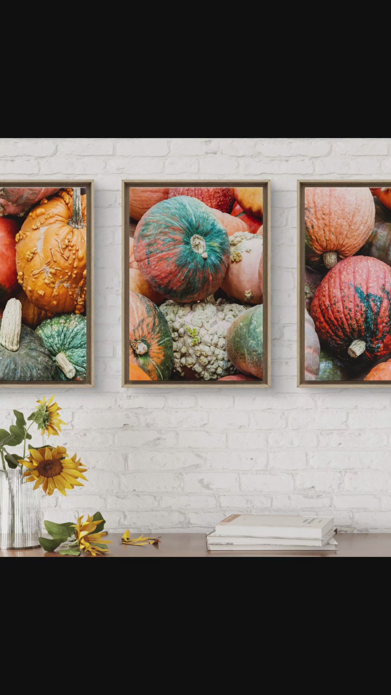 Video showcasing autumn pumpkin closeup photography on canvas wall art  set in three different rooms. 