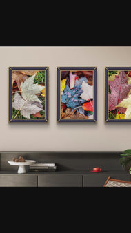 Autumn Rain Vibrant Leaves Authentic Macro Photography | Unstretched Canvas Vertical Print Set of 3 | Biophilic Wall Art Décor