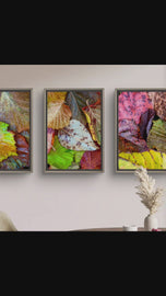 Autumn Vibrant Leaves Authentic Macro Photography | Unstretched Canvas Vertical Wall Art Set of 3 | Biophilic Nature Décor