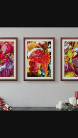 Winter Snowy Red Leaves Canvas Print Set | Macro Photography Wall Art | 3 Piece