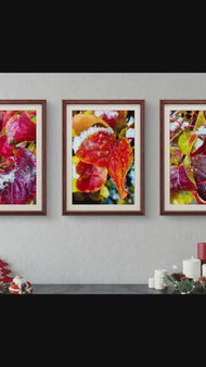 Winter Snowy Red Leaves Canvas Print Set | Macro Photography Wall Art | 3 Piece