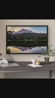 Mt. Rainier Sunset at Reflection Lake | Authentic Nature Photography | Black Framed Canvas Horizontal Print | Biophilic Wall Art for Home Office Decor