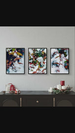 Winter Frost Covered Red Leaves Authentic Macro Photography | Unstretched Canvas Vertical 3 Prints Set | Biophilic Style Wall Art Decor