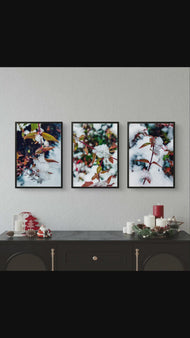 Winter Frost Covered Red Leaves Authentic Macro Photography | Unstretched Canvas Vertical 3 Prints Set | Biophilic Style Wall Art Decor