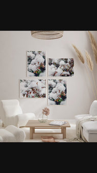 Winter Snowy Red Leaves Authentic Macro Photography | Unstretched Canvas Wall Art Set of 4 | Biophilic Vertical & Horizontal Prints | Holiday Gift