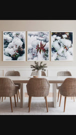 Winter Snowy Foliage Authentic Macro Photography | Unframed Canvas Vertical 3 Prints Set | Biophilic Style Wall Art Decor
