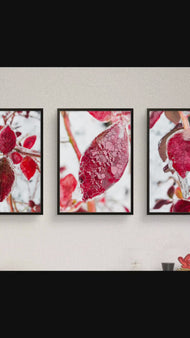 Winter Icy Red Leaves Authentic Macro Nature Photography | Unframed Canvas Vertical Print Set of 3 | Biophilic Wall Art Home Decor | Holiday Gift