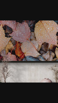 Autumn Rainy Vibrant Leaves Authentic Macro Photography Print on Black Framed Horizontal Canvas | Biophilic Wall Art for Home Office Décor