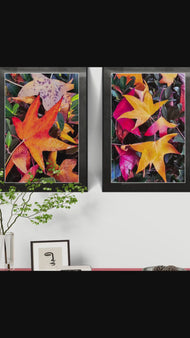 Autumn Vibrant Leaves Vertical Prints Set - Professional Closeup Photography Duo - Unstretched Canvas Nature Wall Art - Biophilic Home Decor