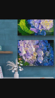 Summer Brilliance — Blue Hydrangea in Sunset Macro Photography | Unframed Horizontal Canvas Wall Art Set of 2 for Living Room