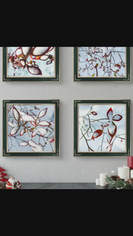 Winter Snowy Red Foliage Authentic Macro Photography | Unstretched Canvas Square Prints Set of 4 | Biophilic Style Wall Art Decor