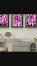 Rain-Kissed Pink Rhododendrons Canvas Wall Art Set of 3 | Pacific Northwest Macro Photography Vertical Prints | Botanical Décor for Home & Office