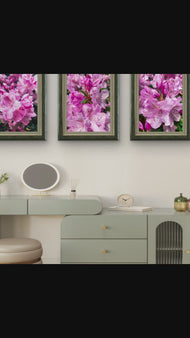 Rain-Kissed Pink Rhododendrons Canvas Wall Art Set of 3 | Pacific Northwest Macro Photography Vertical Prints | Botanical Décor for Home & Office