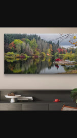 Autumn Lake Reflection Canvas Print | Authentic Rain Photography | Gallery Wrapped Horizontal Wall Art | Biophilic Nature Decor