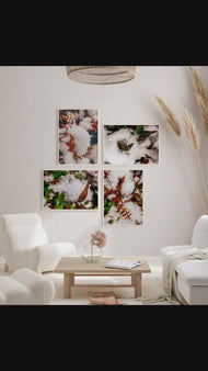 Winter Snowy Bushes | Authentic Macro Photography | Canvas Print Set of 4 | Biophilic Wall Art