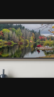 Autumn Lake Reflection Canvas Print | Authentic Rain Photography - Unstretched Horizontal Wall Art | Biophilic Nature Décor