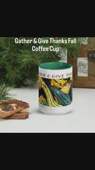 Thanksgiving Mug "Gather & Give Thanks" | Autumn Harvest Gourds Photography Print | Ceramic Fall Coffee Mug Gift | Nature Kitchen Decor