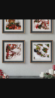 Snowy Red Leaves Authentic Macro Photography | Unframed Canvas Square Print Set of 4 | Biophilic Style Wall Art Decor | Holiday Gift