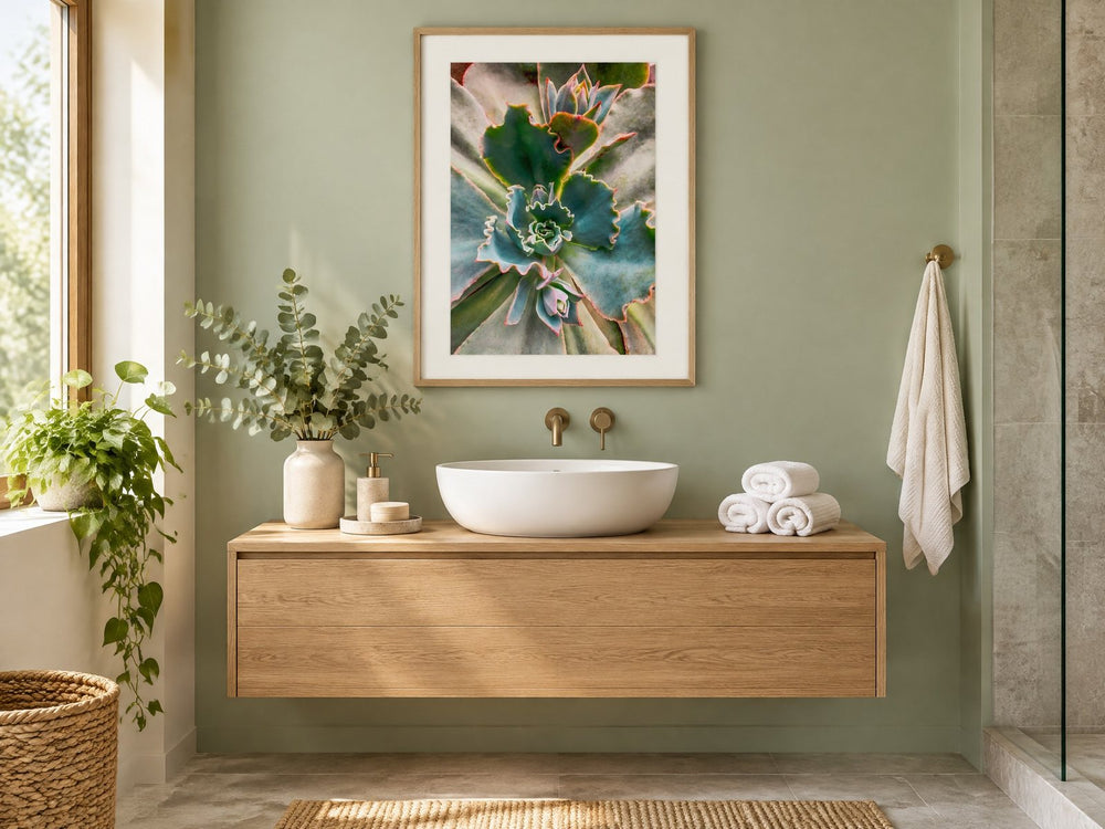 Vibrant Spring Succulent Canvas Wall Art in a bath & spa — nature photograph by Martha Solo
