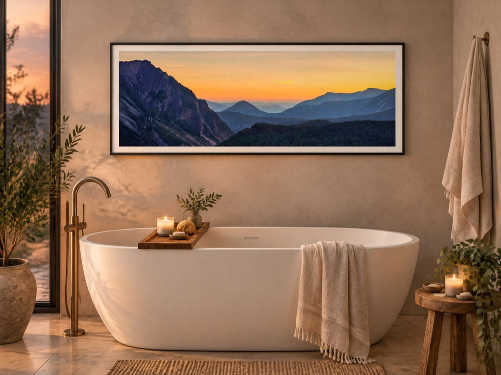 Summer Brilliance - Peaceful Sunset Over Mt. Rainier National Park in a bath & spa — nature photograph by Martha Solo