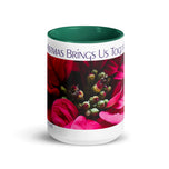 ‘Christmas Brings Us Together’ Mug with Red Poinsettia Authentic Macro Photography | White Ceramic with Green Interior | Dishwasher Microwave Safe | 11oz 15oz