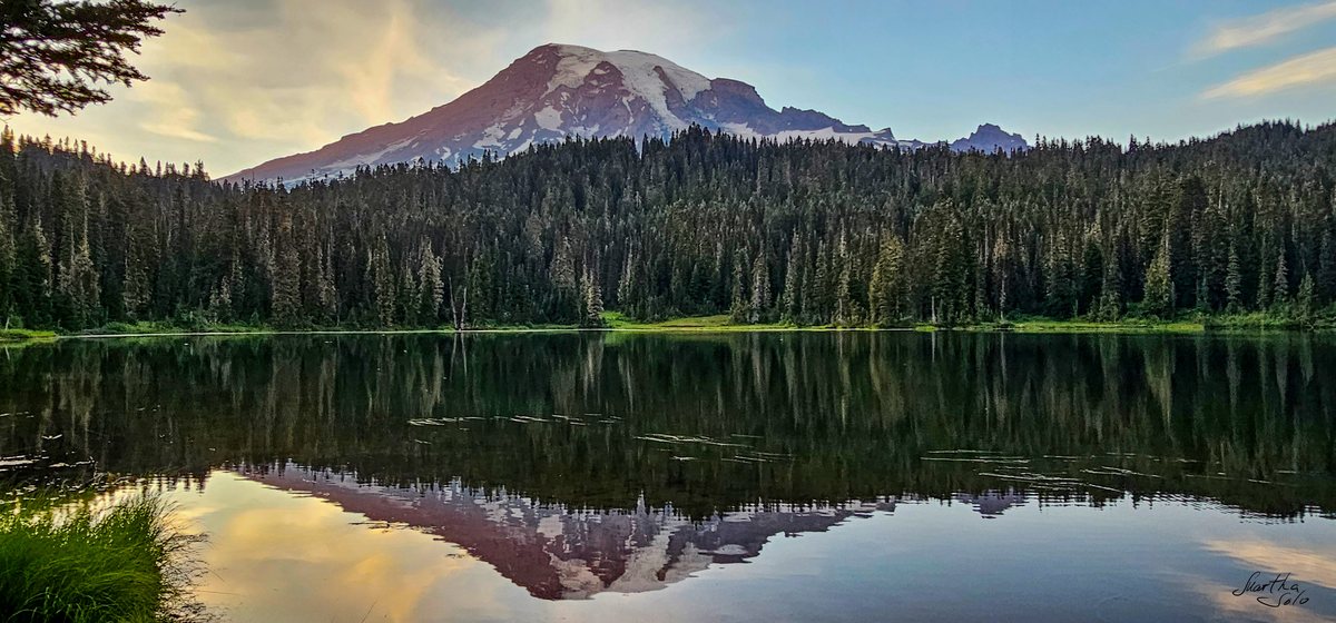 Mt. Rainier reflected in Reflection Lake at sunset — nature photograph by Martha Solo
